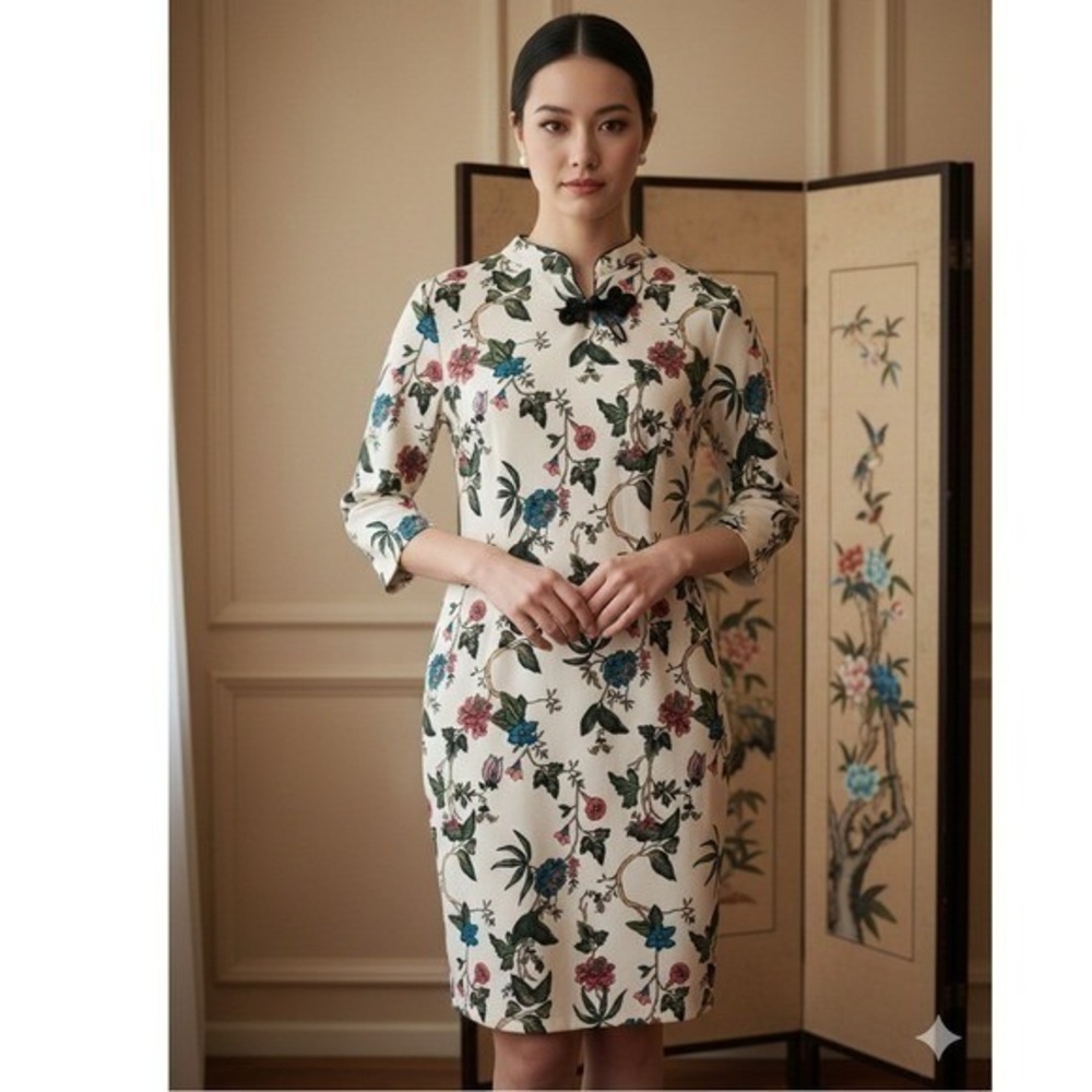 CKLASS Cream‎ Floral Mandarin Collar Frog Button Sheath Dress 3/4 Sleeve